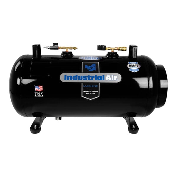 An Industrial Air AirHoss auxiliary air tank, a black cylinder with a logo on it.