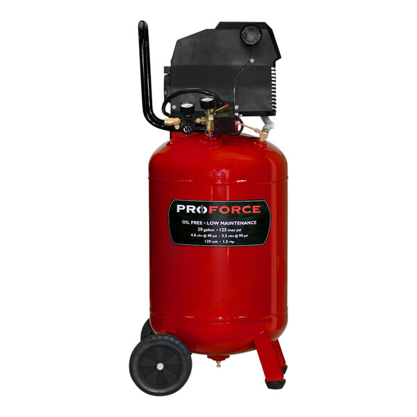 A red ProForce air compressor with wheels.