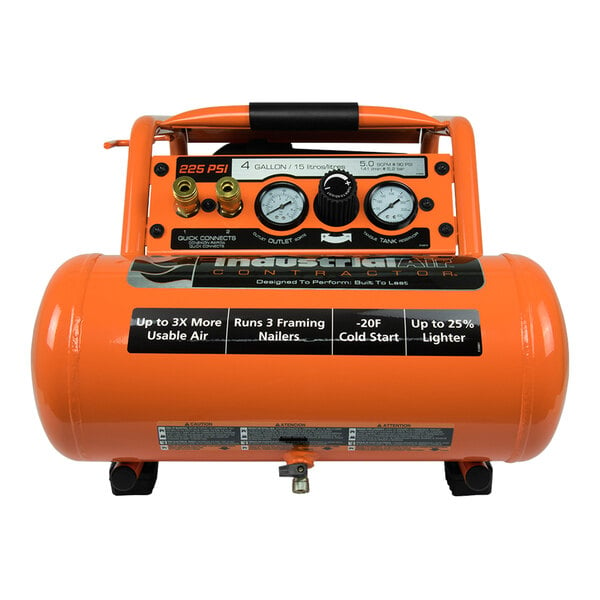 An orange Industrial Air Contractor air compressor with two gauges.