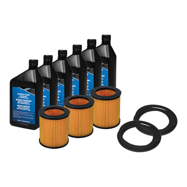 An Industrial Air compressor maintenance kit with oil filters and rings, a yellow and black air filter, and engine oil.