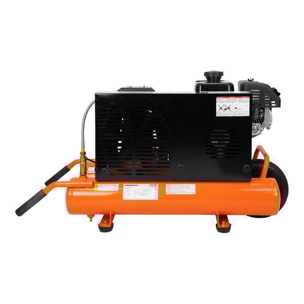 An orange and black Industrial Air Contractor wheelbarrow air compressor.
