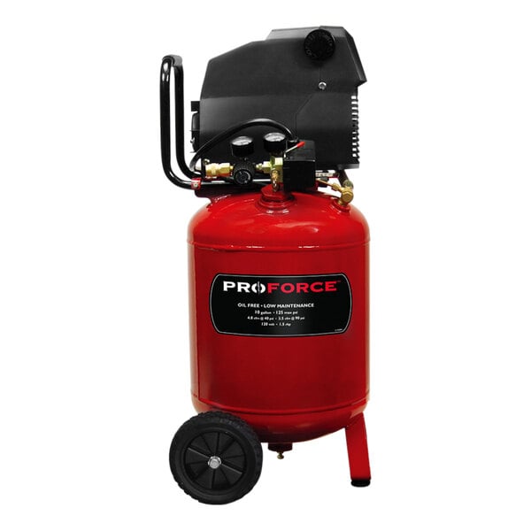 A red and black ProForce air compressor with wheels.