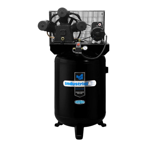 An Industrial Air black stationary air compressor with a caged top.