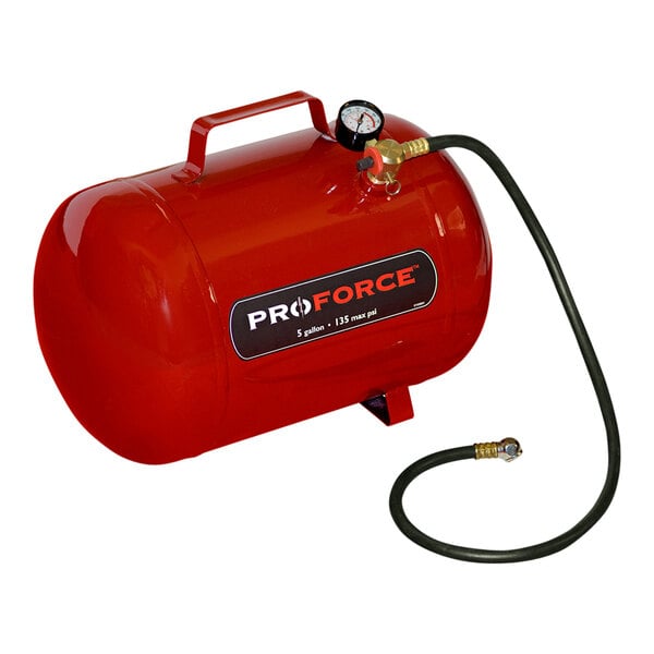 A red ProForce portable horizontal steel air tank with a gauge and hose.