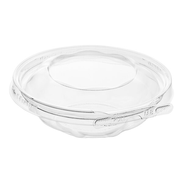 A clear plastic container with a hinged dome lid.