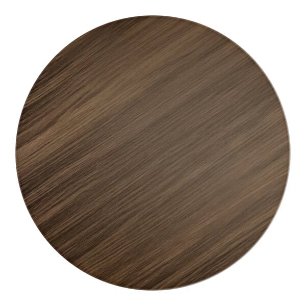 A Lancaster Table & Seating round wood table top with dark walnut finish.