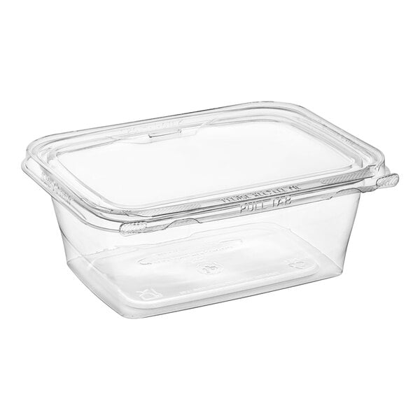 A case of 200 clear Inline Plastics rectangular hinged deli containers with flat lids.