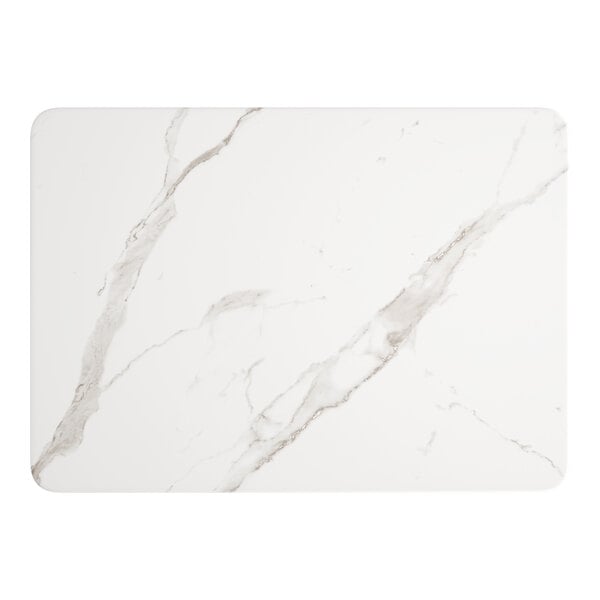 A white rectangular Lancaster Table & Seating table top with a white marble finish and black veins.