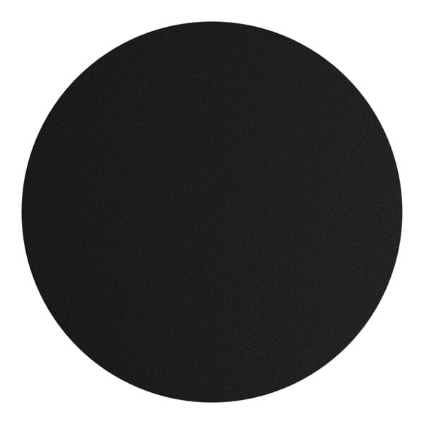 A gray wood finish Lancaster Table & Seating round table top with a black circle in the center.