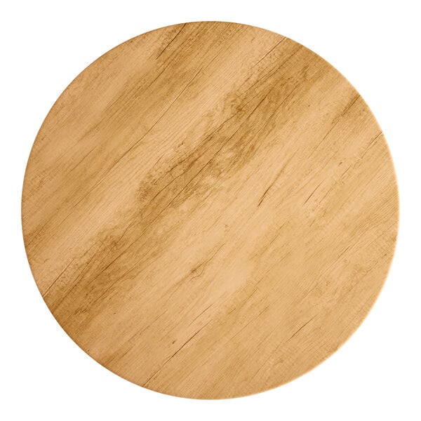 A Lancaster Table & Seating round wood table top with a maple finish.