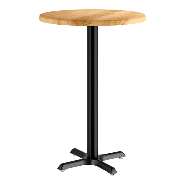 A Lancaster Table & Seating round bar table with a wood surface and black metal base.
