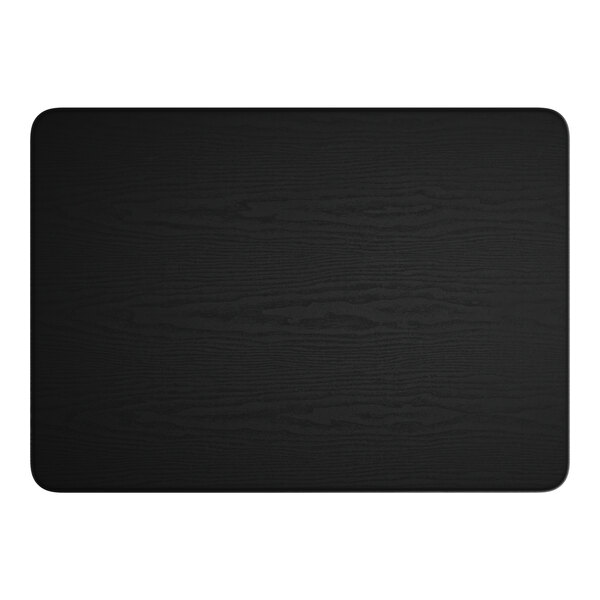 A black rectangular table with a black surface and white background.