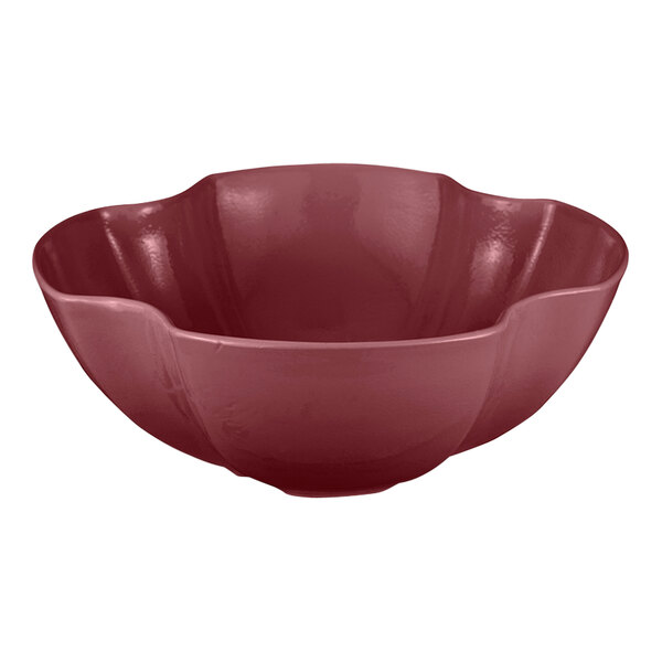 A Bon Chef metal serving bowl with a red matte finish and flower pattern on the rim.