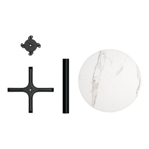 A white round Lancaster Table & Seating table top with a white marble finish and black metal cross support.