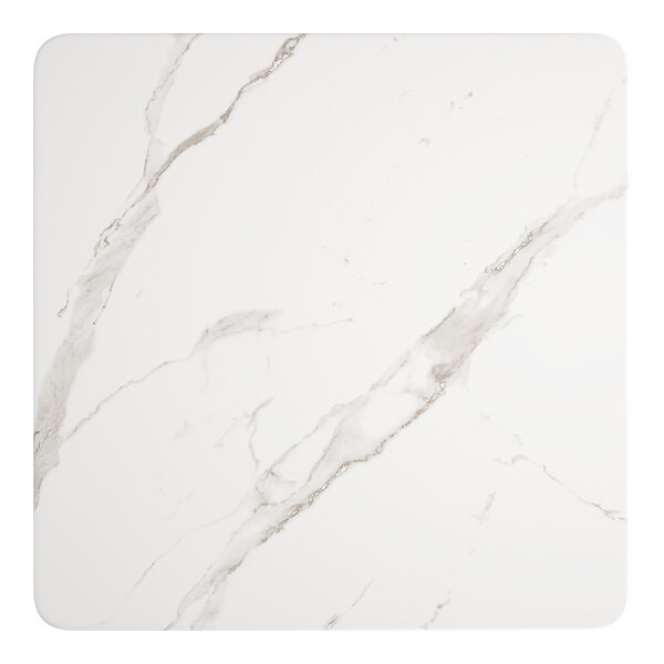 A white square table surface with a white and gray marble pattern.