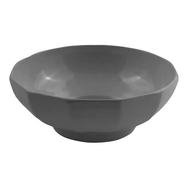 A smoke gray Bon Chef aluminum serving bowl with a curved edge.