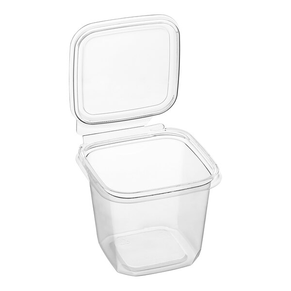 A clear plastic Inline Plastics Safe-T-Fresh container with a flat lid.