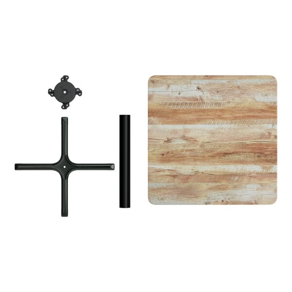 A Lancaster Table & Seating square wooden table top with a barnwood finish on a black metal rod.
