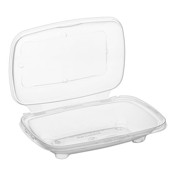 A case of 136 Inline Plastics clear plastic rectangular containers with dome lids.