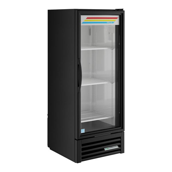 A black True refrigerated glass door merchandiser.