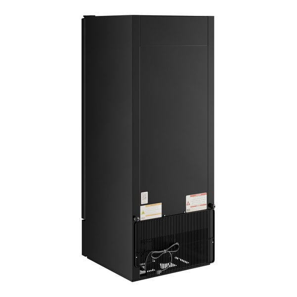 A black True refrigerated glass door merchandiser with white labels on the inside.