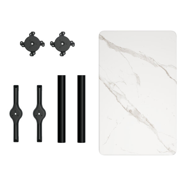 A white rectangular table with a white marble finish and black metal rods.