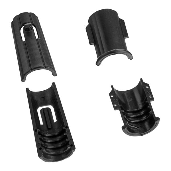 A white background close-up of two black plastic Lavex threaded squeegee adapters.