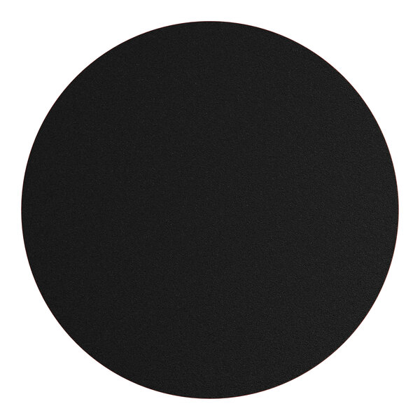 A black circle with a white border on a white background.