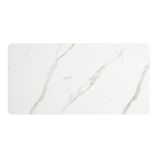 A white rectangular table top with a white marble finish.