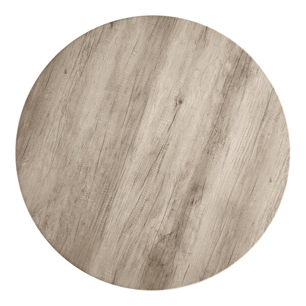 A round 48-inch MDF table top with a gray wood finish.