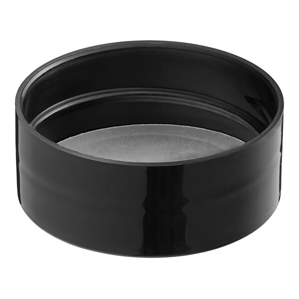 A black round 43/485 polypropylene spice cap with a white induction liner.
