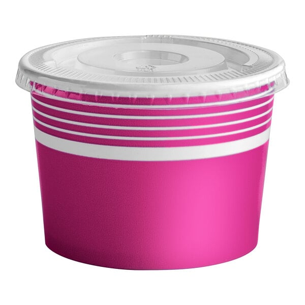 A pink and white Choice paper frozen yogurt container with a lid.