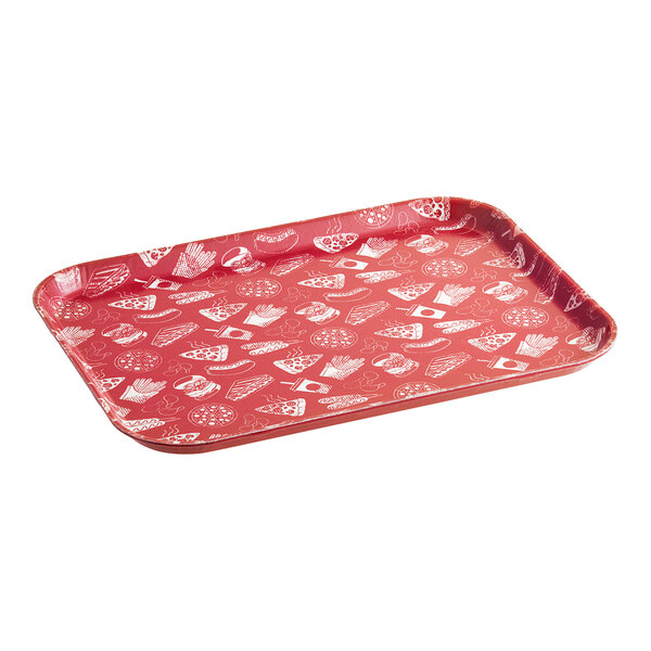 A red Cambro rectangular fast food tray with white and red designs.