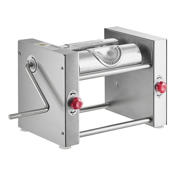 A stainless steel Estella manual turnover machine with red knobs.