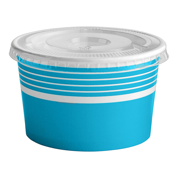 A blue and white paper frozen yogurt container with a flat lid.