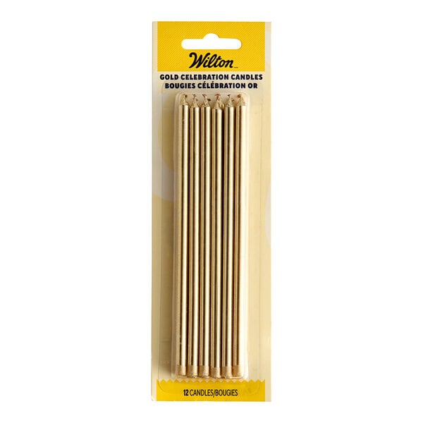 A pack of Wilton tall metallic gold candles.
