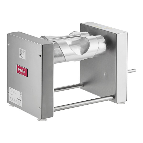A stainless steel Estella manual turnover machine with a metal frame and two handles.
