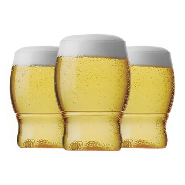 Tossware plastic taster glasses filled with beer.