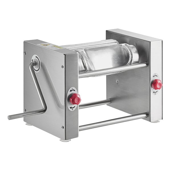A stainless steel Estella Manual Turnover Machine with red knobs and a red button.