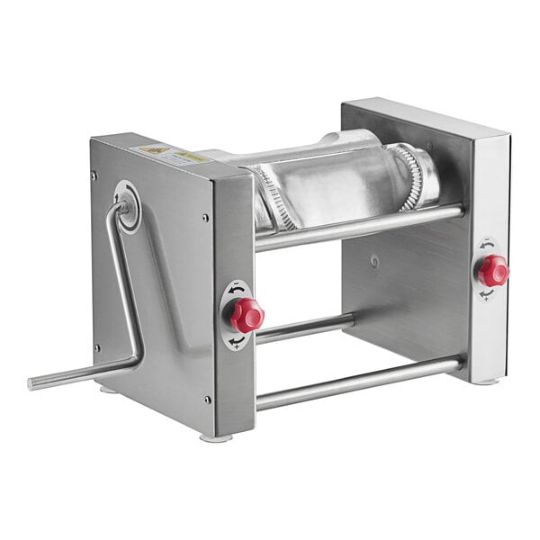 A metal Estella turnover machine with red knobs.