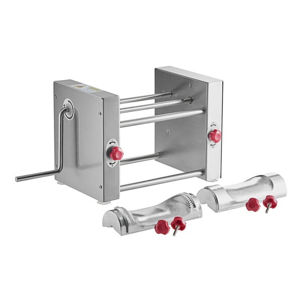 A stainless steel Estella manual turnover machine with red knobs.