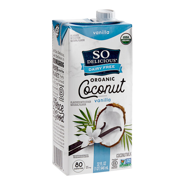 A white carton of So Delicious Organic Vanilla Coconut Milk.