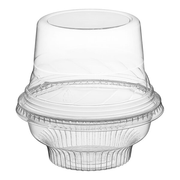 A clear plastic Choice dessert cup with a clear dome lid.