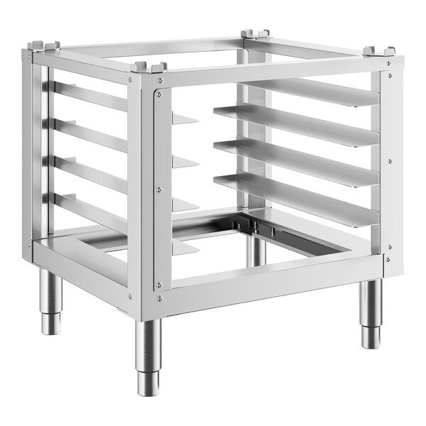 A metal frame with metal shelves for Cooking Performance Group countertop convection ovens.
