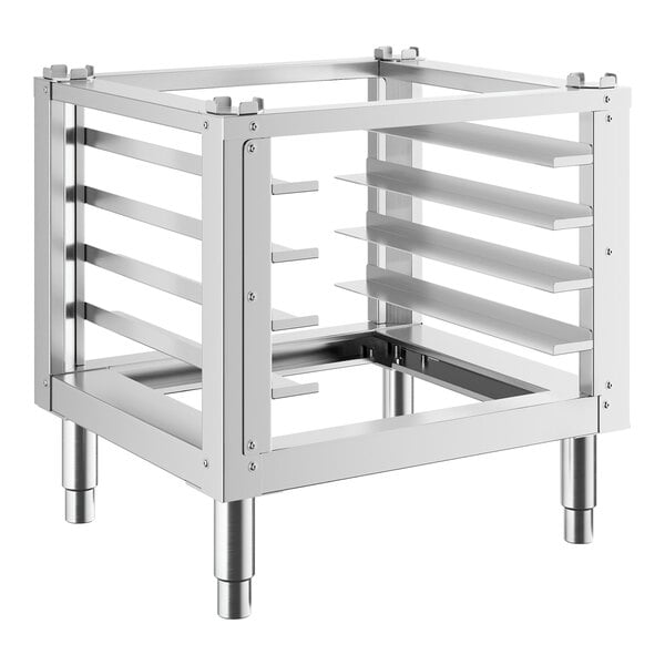 A metal stand for Cooking Performance Group countertop half size convection oven with shelves.