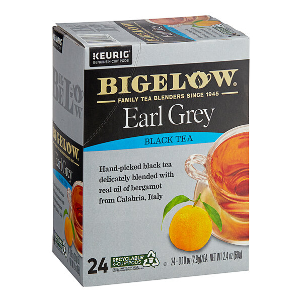 A box of Bigelow Earl Grey Tea K-Cup Pods with a picture of a cup of tea on the label.