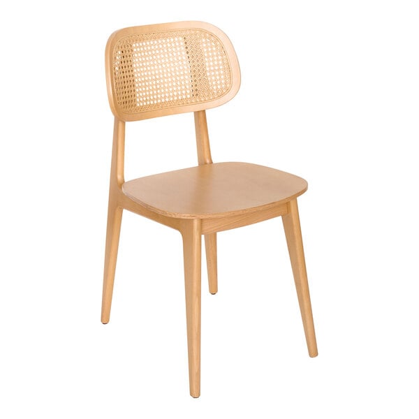 A BFM Seating Emma wood side chair with a cane backrest.