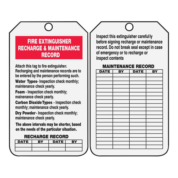 An Accuform fire extinguisher maintenance tag.