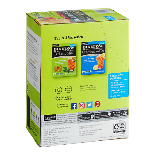 A box of Bigelow Iced Tropical Green Tea K-Cup Pods on a white background.