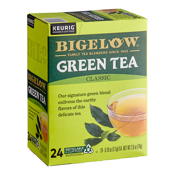 A box of 24 Bigelow Green Tea K-Cup Pods on a counter.